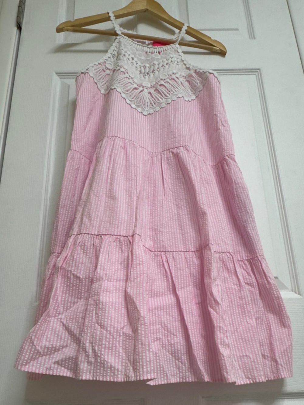 Lilly Pulitzer Pink Seersucker Crochet Yoke Tiered Midi Dress